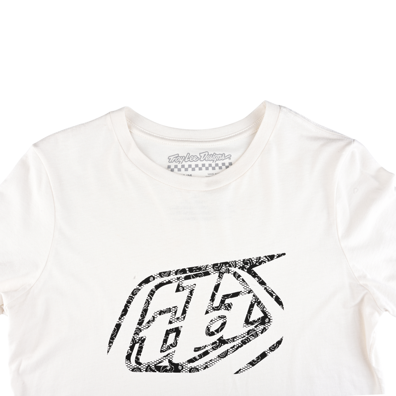 T-shirt court à manches courtes pour femme, avec badge vintage blanc